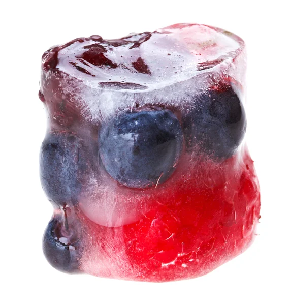 Bilberries raspberry and mulberry fruits inside of melting ice c — Stockfoto