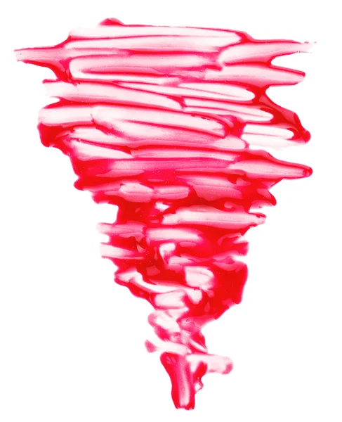 Örnekleri, üzerinde beyaz izole kırmızı sıvı dudakları parlak — Stok fotoğraf
