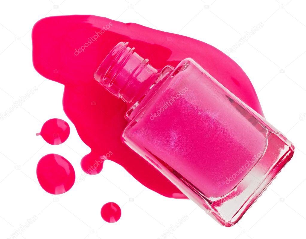 Bottle of pink nail polish with enamel drop samples, isolated on