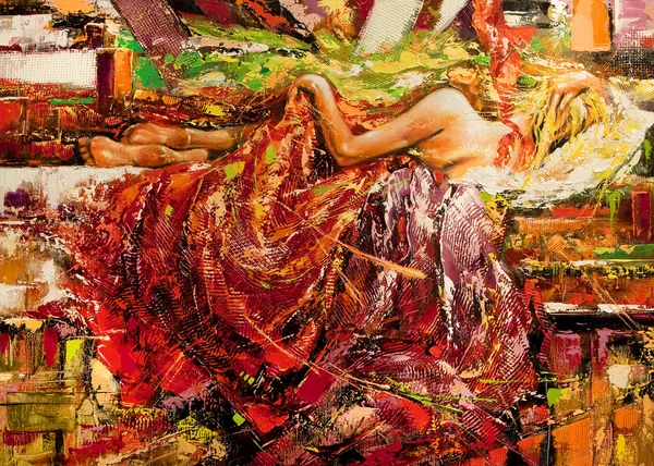 La ragazza addormentata disegnata da olio su una tela — Foto Stock
