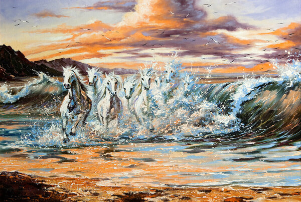The horses running from waves