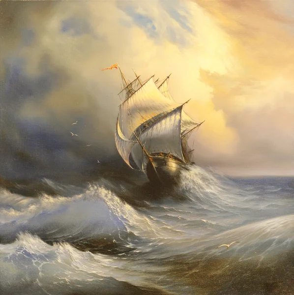Ancient sailing vessel in stormy sea Royalty Free Stock Images