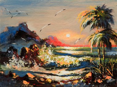 Sea landscape with palm trees and seagulls clipart