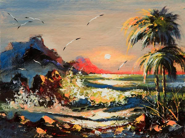 Morze pejzaż z palmami i mewy — Zdjęcie stockowe