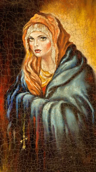 Madonnaen trukket av olje på lerretet. – stockfoto