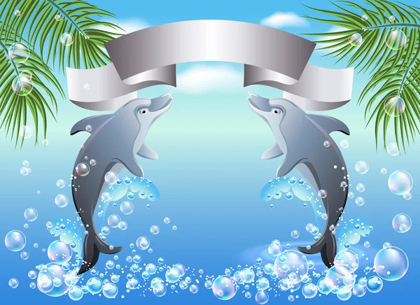 Palm, dolphin and ribbon — Stock Vector