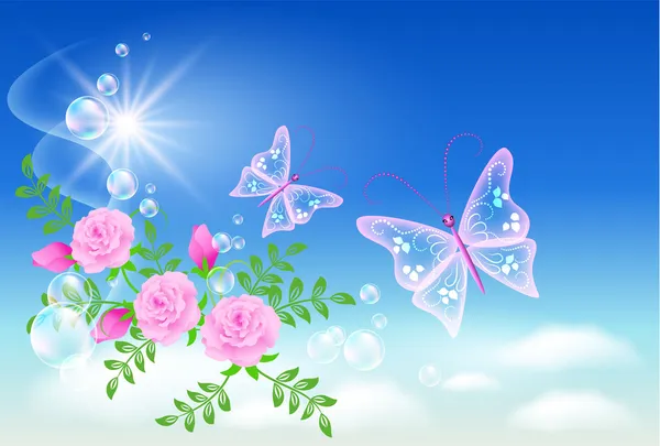 Ciel, roses et papillon . — Image vectorielle