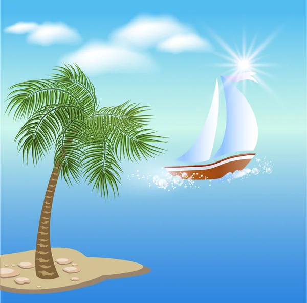 Palmiye ağacı ve yelkenli — Stok Vektör