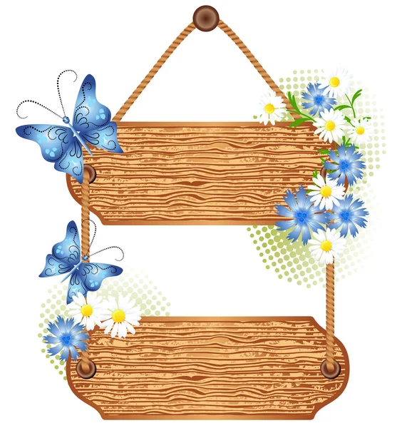 Letrero de madera con flores de prado — Vector de stock