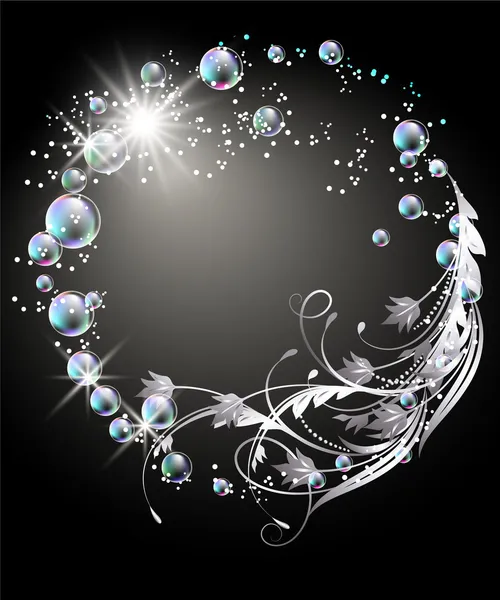 Hintergrund mit Kugel, Silberblumen, Sternen und Blasen — Stockvektor