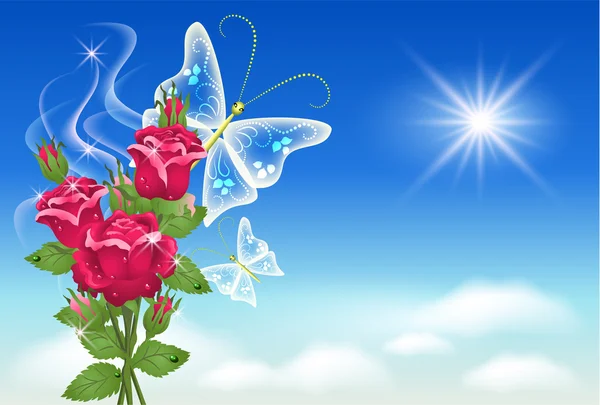 Hemel, rozen en vlinder. — Stockvector