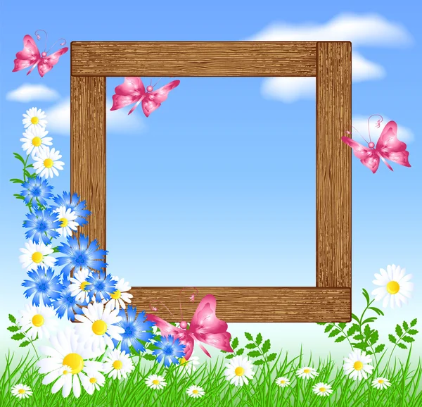 Cadres photo en bois avec fleurs et papillon — Image vectorielle