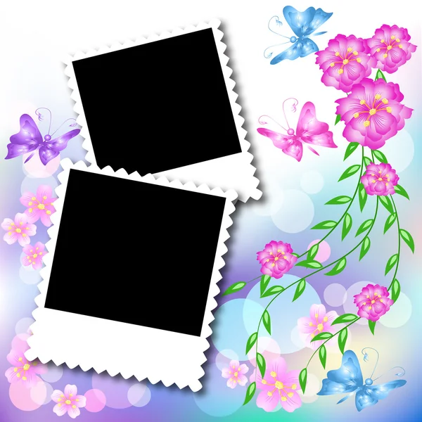 Navrhnout fotorámečky s květiny a motýl — Stockový vektor