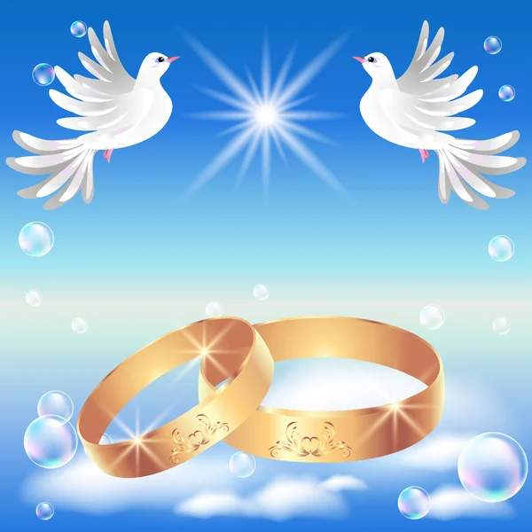 Cartão com anel de casamento e pomba — Vetor de Stock