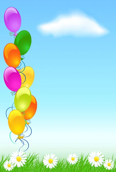 Herbe des prés, ciel, nuages et ballons — Image vectorielle