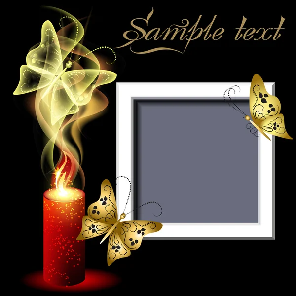Layout de página moldura da foto com vela ardente e borboletas — Vetor de Stock