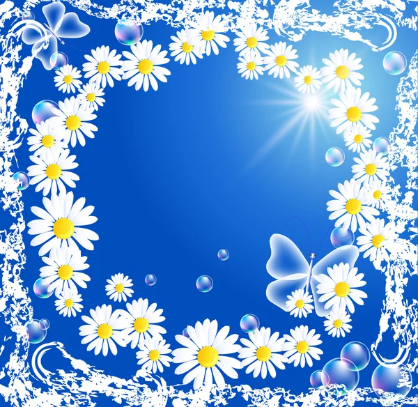 Flowers and bubbles in grunge frame — Stock Vector