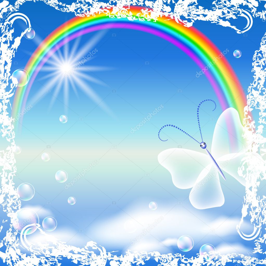 Rainbow and butterfly in grunge frame