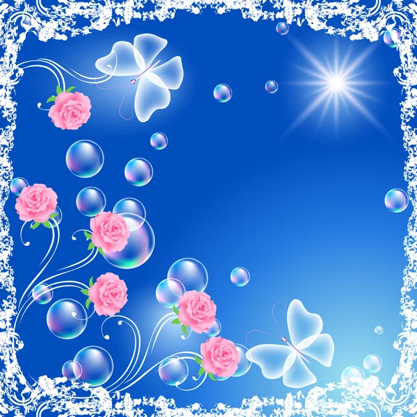 Hintergrund mit Blumen, Schmetterlingen und Blasen — Stockvektor