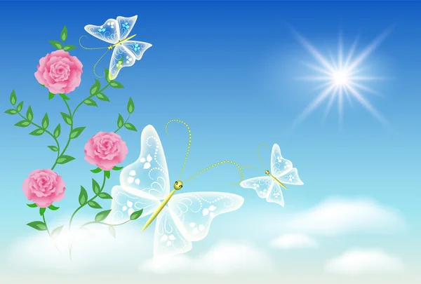Cielo, rosas y mariposas — Vector de stock