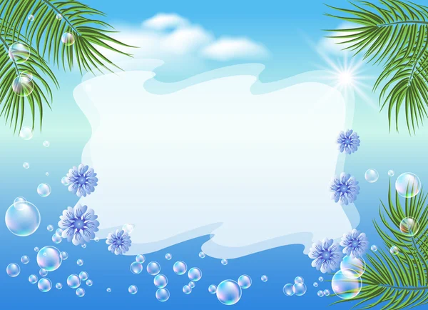 Krajina s palmové ratolesti, bubliny a květiny — Stockový vektor