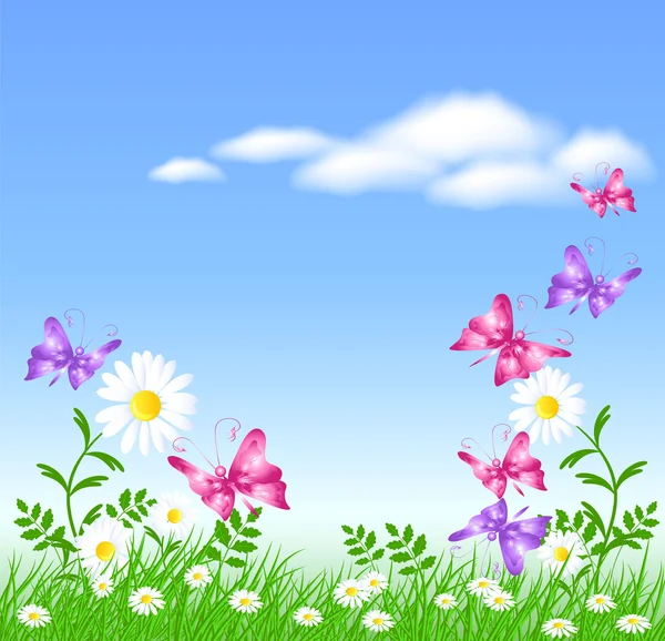 Sedmikrásky na zelené trávě a motýli — Stockový vektor