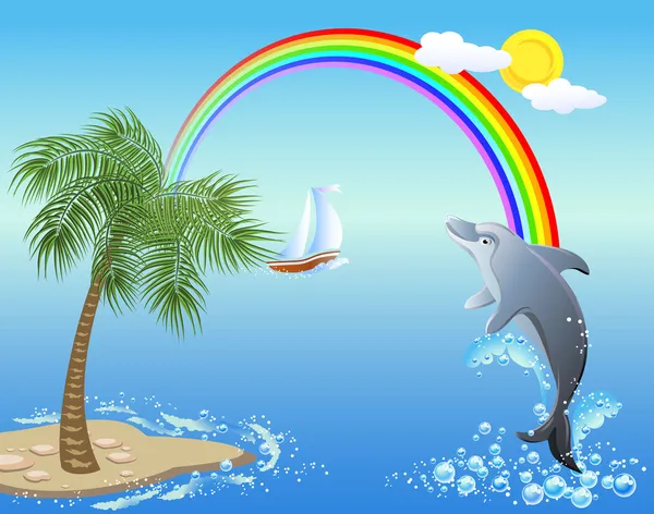 El delfín salta del agua sobre el fondo del arco iris — Vector de stock