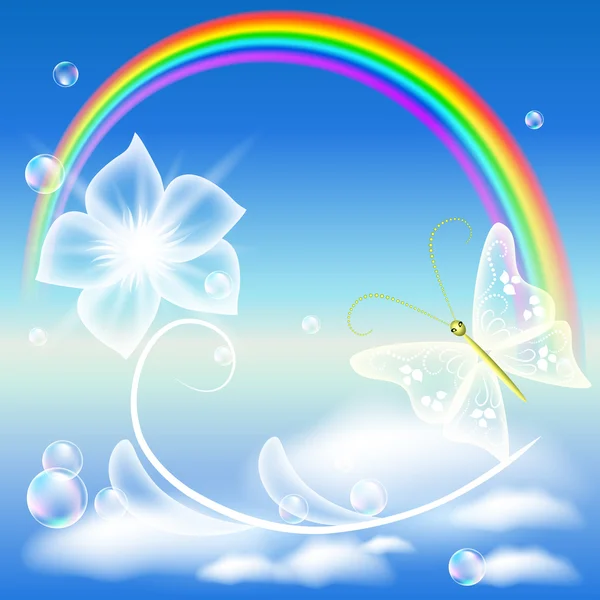 Rainbow, çiçek ve kelebek — Stok Vektör