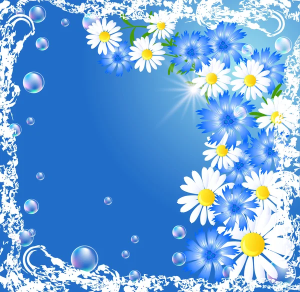Flowers and bubbles in grunge frame — Stock Vector
