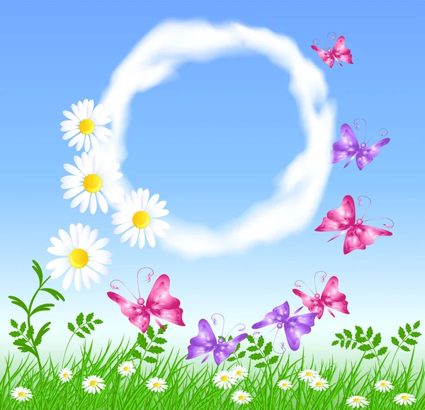 Daisies on the green grass, butterfly and clouds — Stock Vector