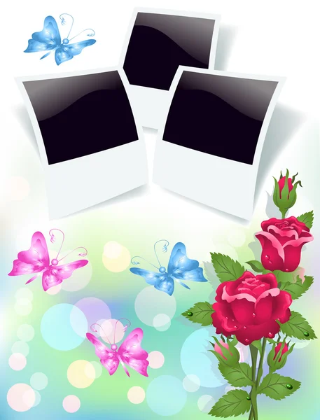 Fondo floral con rosas y marco de fotos — Vector de stock
