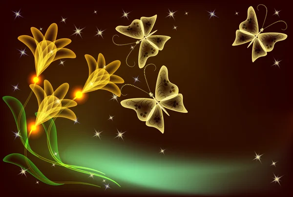 Gloeiende transparante bloemen en vlinder — Stockvector