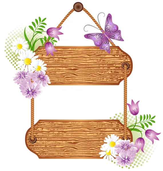 Wooden signboard with meadow flowers — Stock Vector