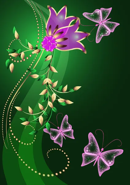 Λαμπερό φόντο με λουλούδια, πεταλούδα και αστέρια — Διανυσματικό Αρχείο
