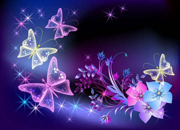 Glowing transparent flowers and butterfly — Stock Vector