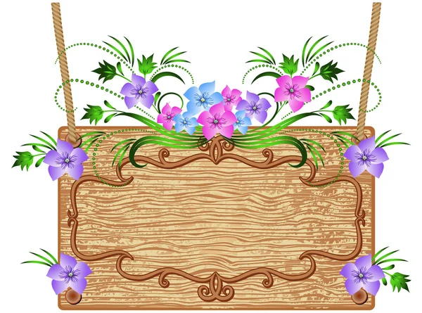 Letrero de madera con flores — Vector de stock