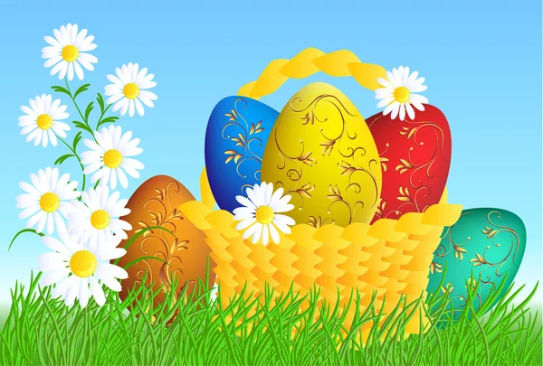Velikonoční vajíčka v košíku — Stockový vektor