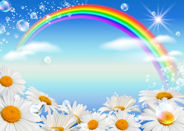 Sedmikrásky a rainbow proti obloze — Stock fotografie