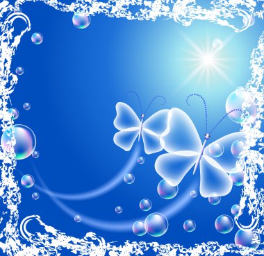 Butterfly and bubbles in grunge frame clipart