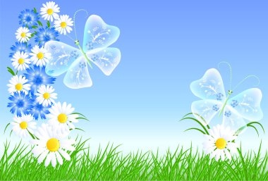 Cornflowers, camomiles with green grass clipart