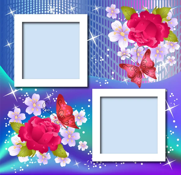 Sida layout vykort med blommor, fjäril för att infoga text — Stock vektor
