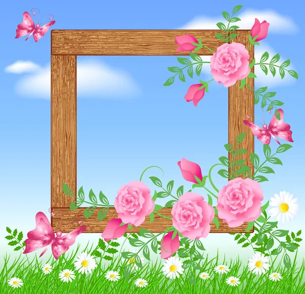 花朵与蝴蝶木制相框 — 图库矢量图片