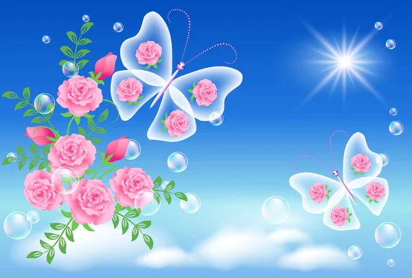 Ciel, fleurs et papillons — Image vectorielle
