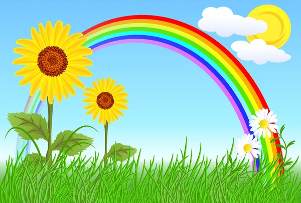 緑の草と虹とヒマワリ — ストックベクタ