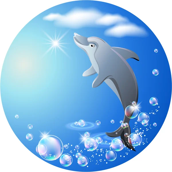 Γύρο φόντο με το δελφίνι, τα σύννεφα και φυσαλίδες — Διανυσματικό Αρχείο