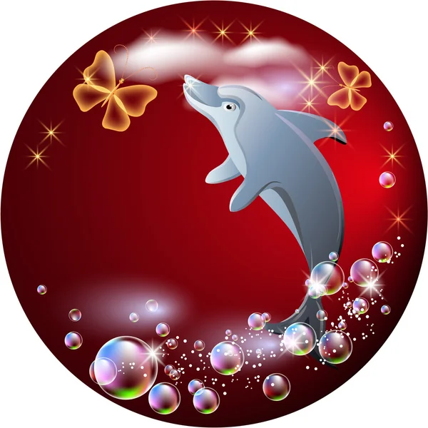 El delfín salta del agua sobre el fondo de las nubes — Vector de stock