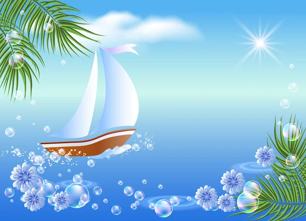 Barca a vela, palma, nuvole e sole . — Vettoriale Stock