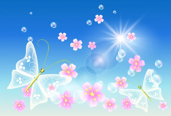 Cielo, flores y mariposa . — Archivo Imágenes Vectoriales