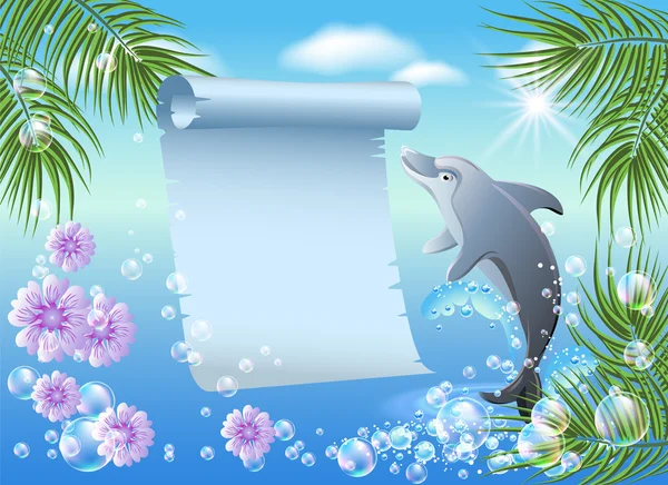 Palma, delfino e pergamena — Vettoriale Stock