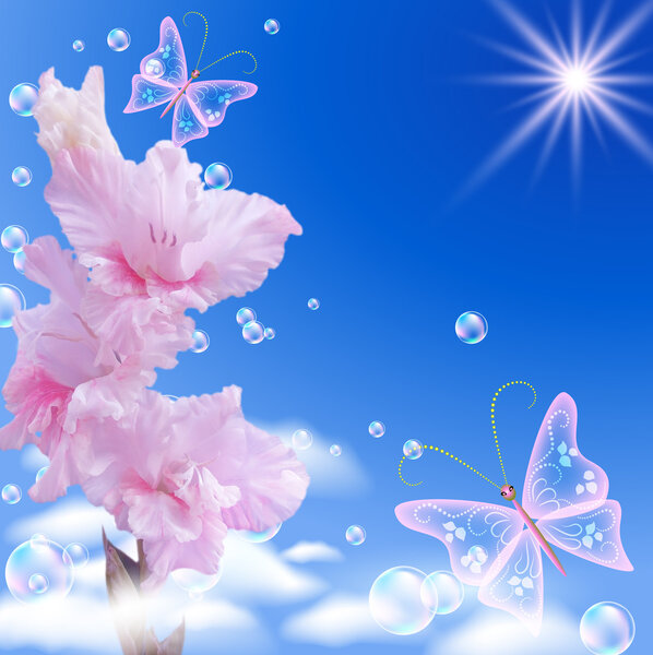 Sky, gladiolus, clouds and butterflies